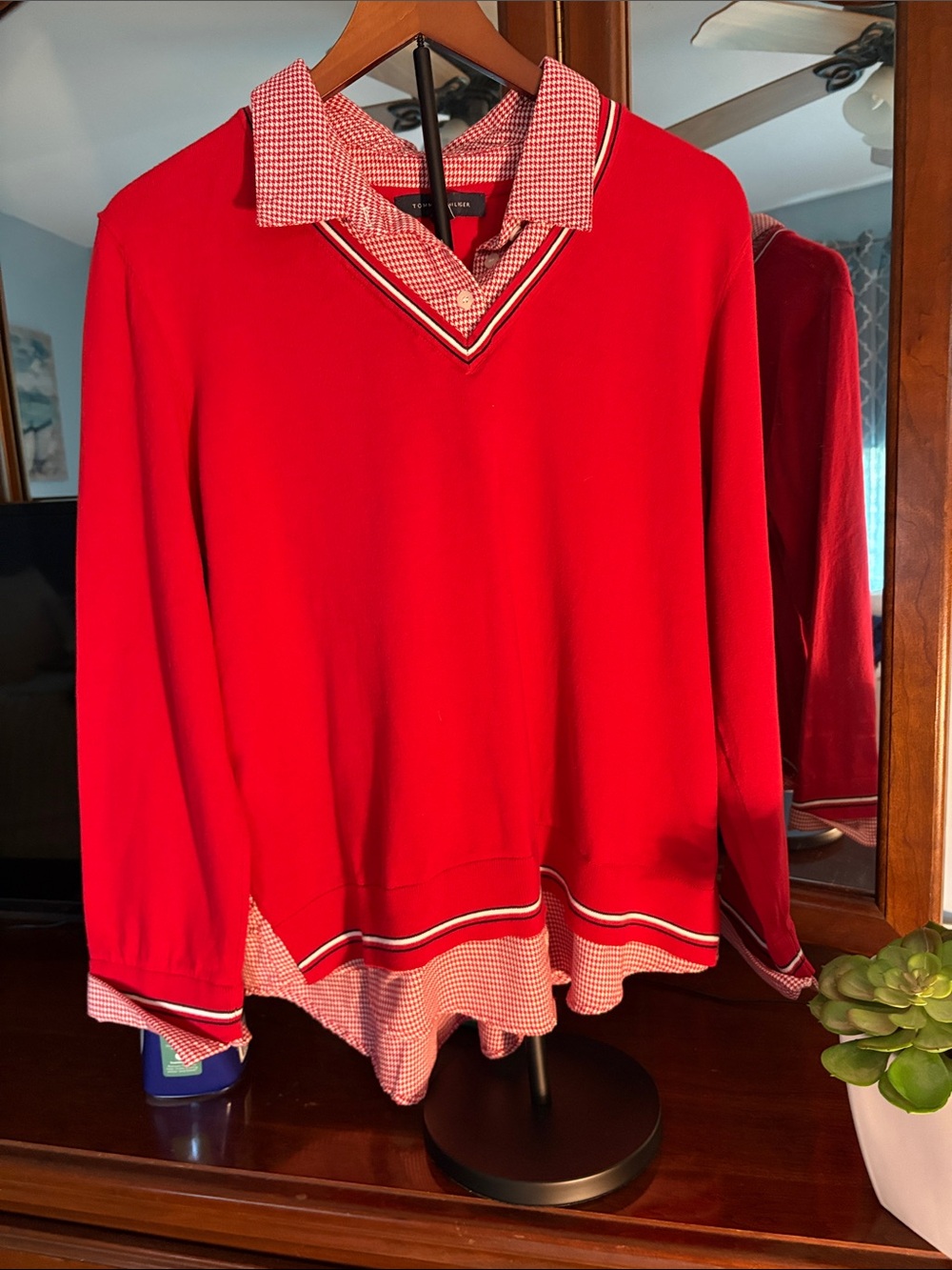 Tommy Hilfiger Women’s Classic Red V-Neck Sweater with Layered Shirt Detail